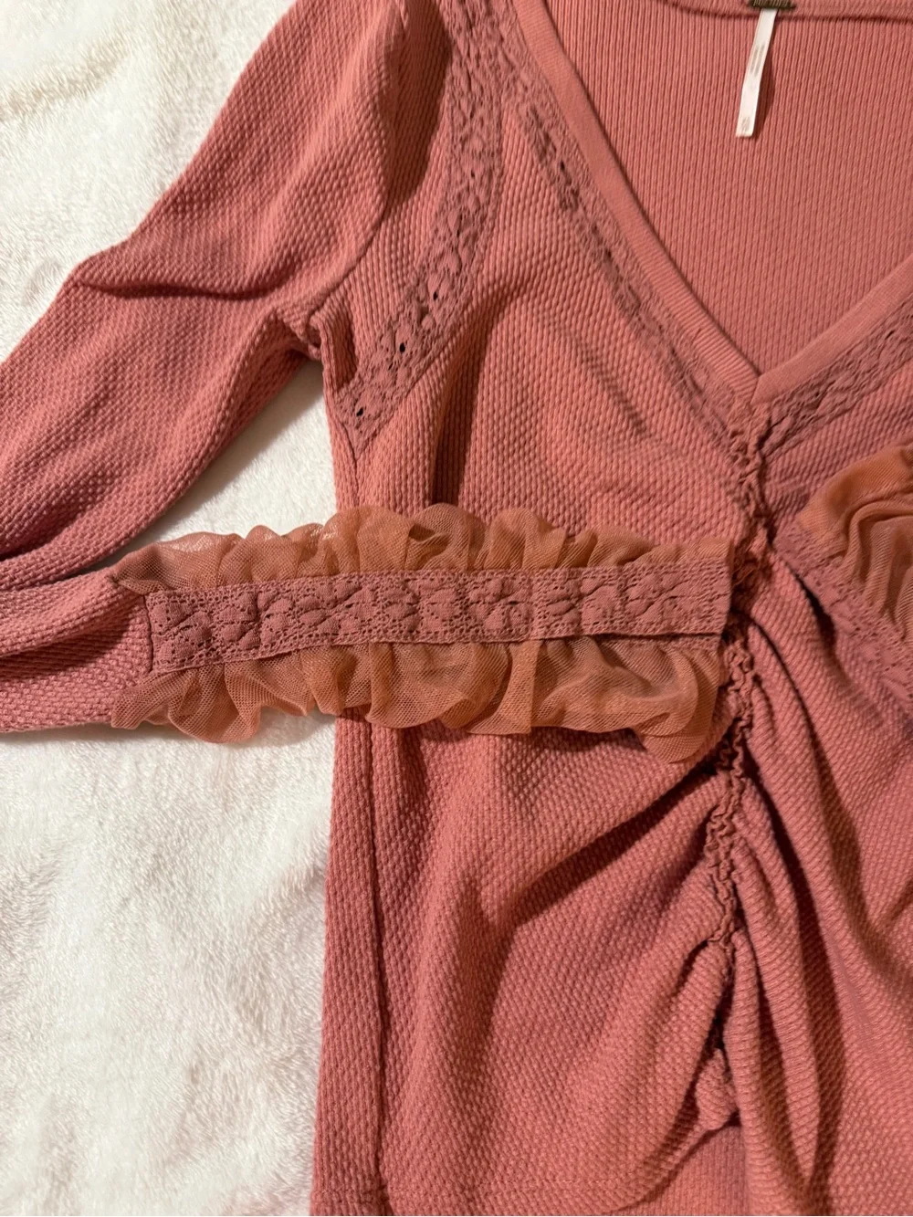 Free People Wear Me Out Top - Lace Cuff Ruched Thermal-XS